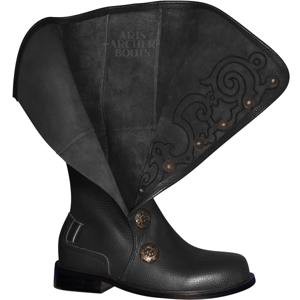 Men’s Black Leather Nobleman's Boots with Black Embroidery and Removable Straps