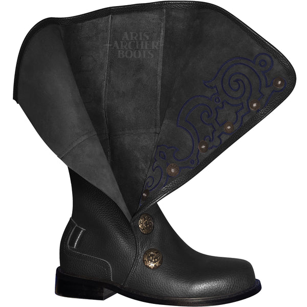 Men’s Black Leather Nobleman's Boots with Blue Embroidery and Removable Straps