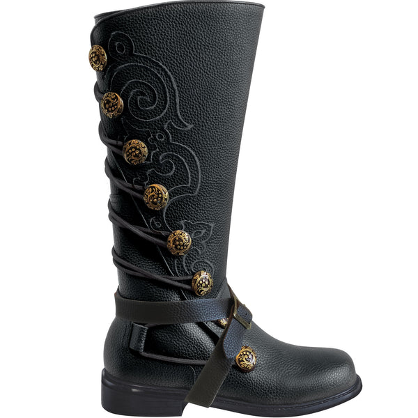 Men's Black Leather Embroidered Boots for Goth Ren Faire