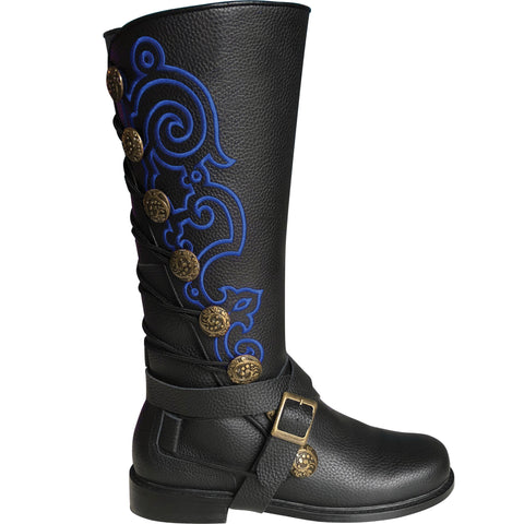 Men's Black and Blue Leather Embroidered Boots Renaissance Garb Wizards