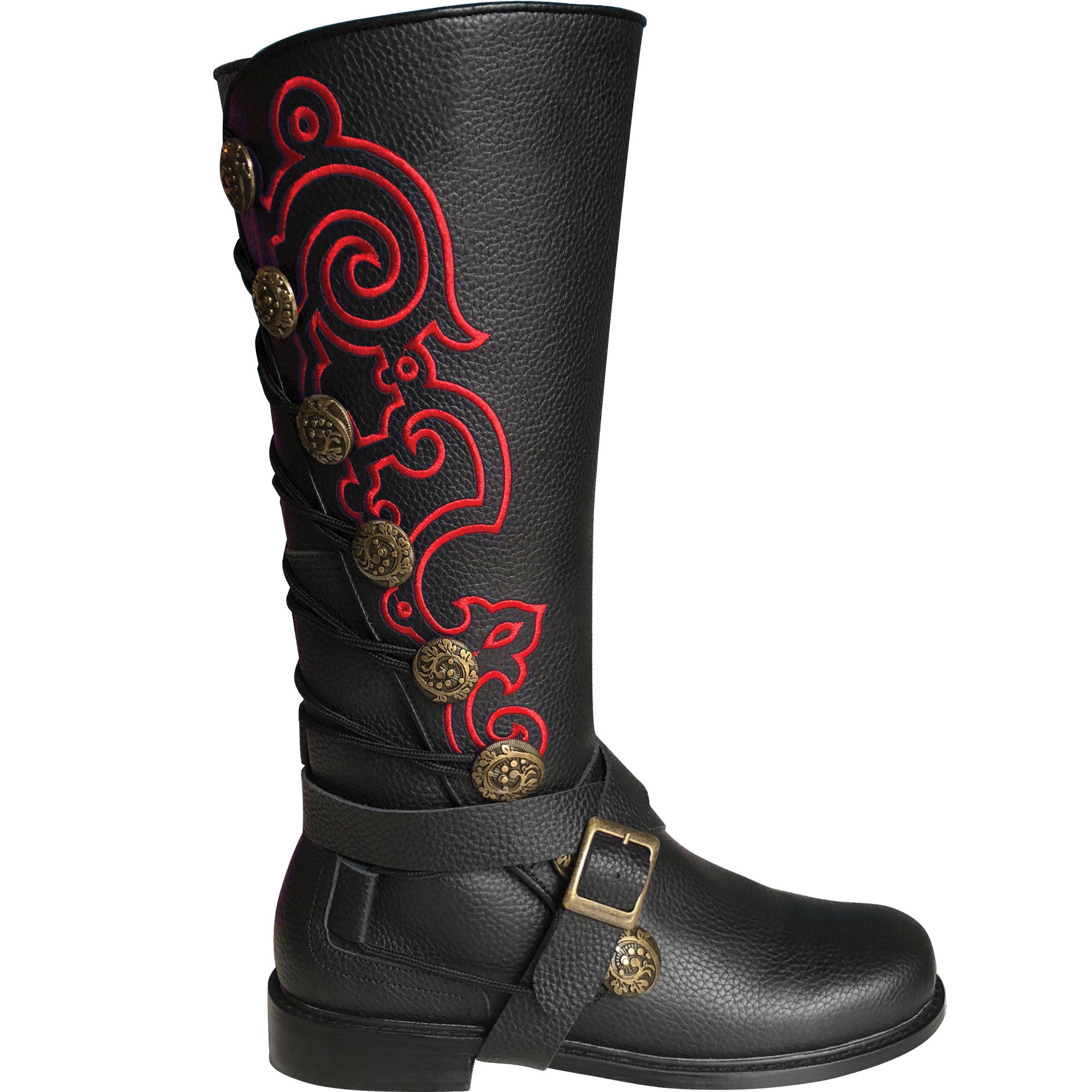 Men’s Black Leather Nobleman's Boots with Red Embroidery and Removable Straps